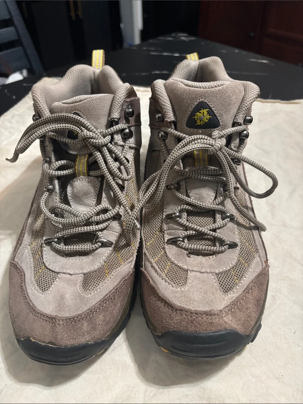 Men's Taupe Suede Hiking Boots with Yellow Trim